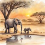 Young elephant sitting beside zebra foal at watering hole