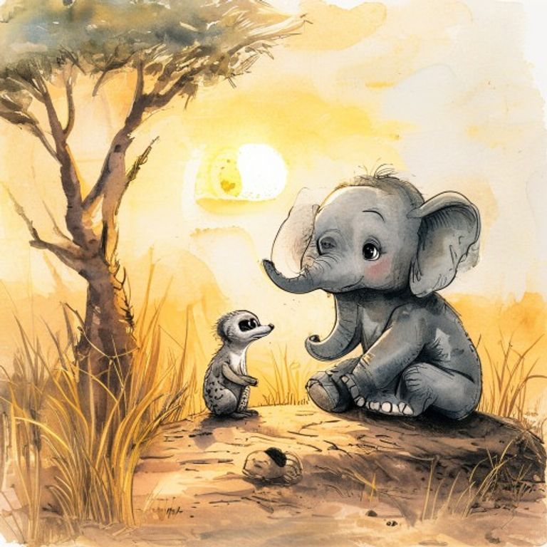 Kioni the elephant listening compassionately to Pip the meerkat