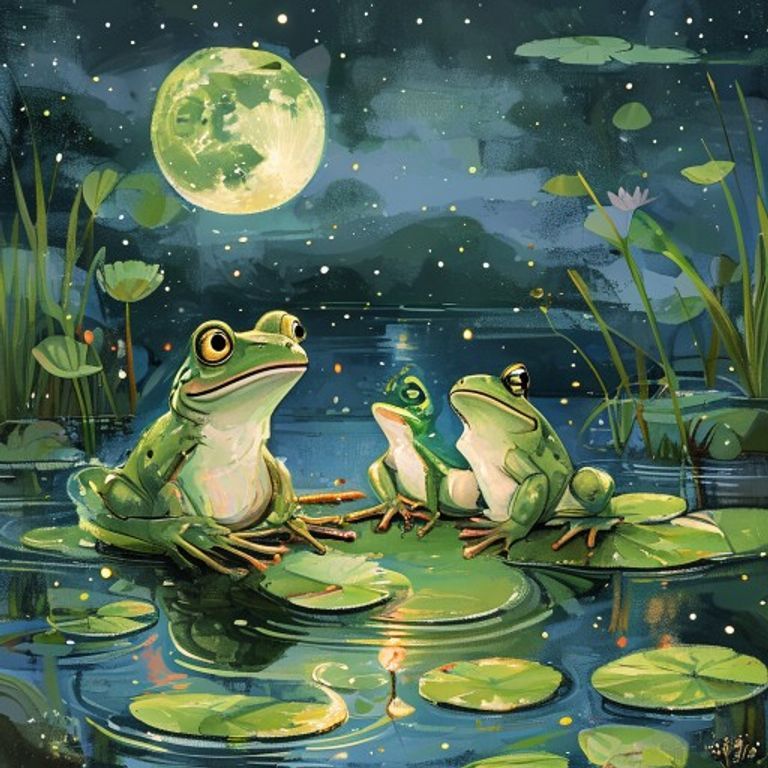 Two frogs sitting together on a large lily pad under bright moonlight, one old and still, one young and alert, peaceful pond water around them