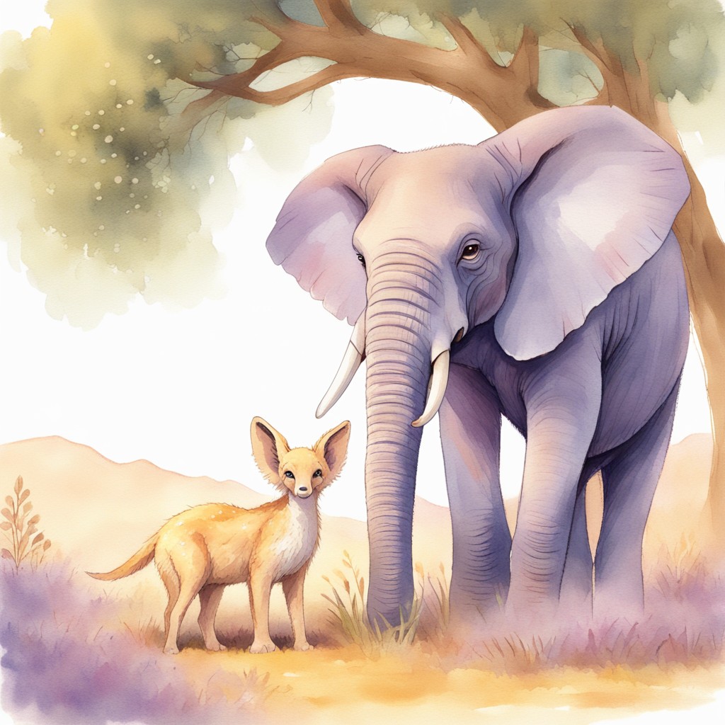 Ellara kneels down to listen to the tiny fox under the acacia tree