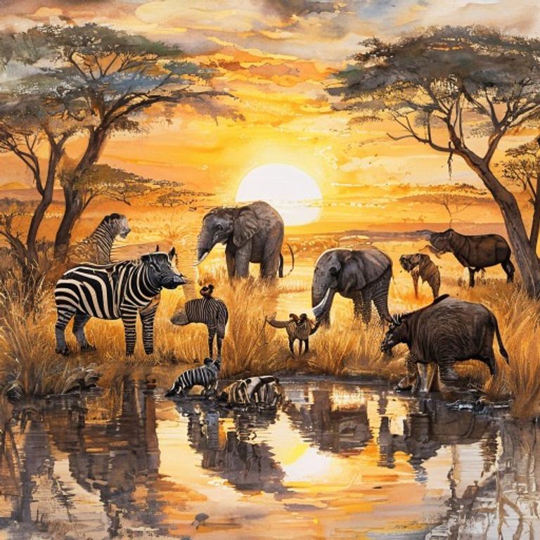 Animals gathered peacefully around the watering hole at sunset
