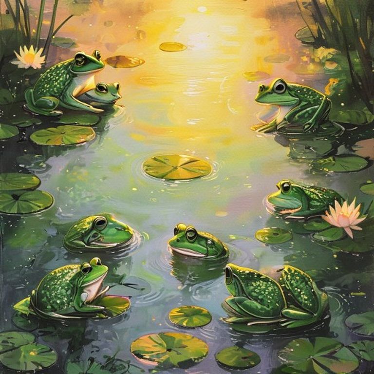 Many green frogs sitting peacefully on lily pads in a circle at sunset, eyes closed, silent together, golden light reflecting on calm water