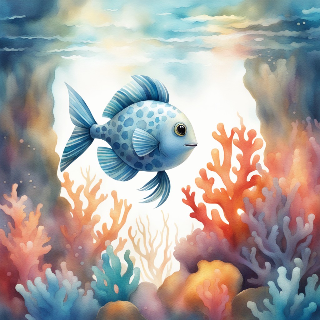 Finley the small silver fish swimming near colorful coral towers