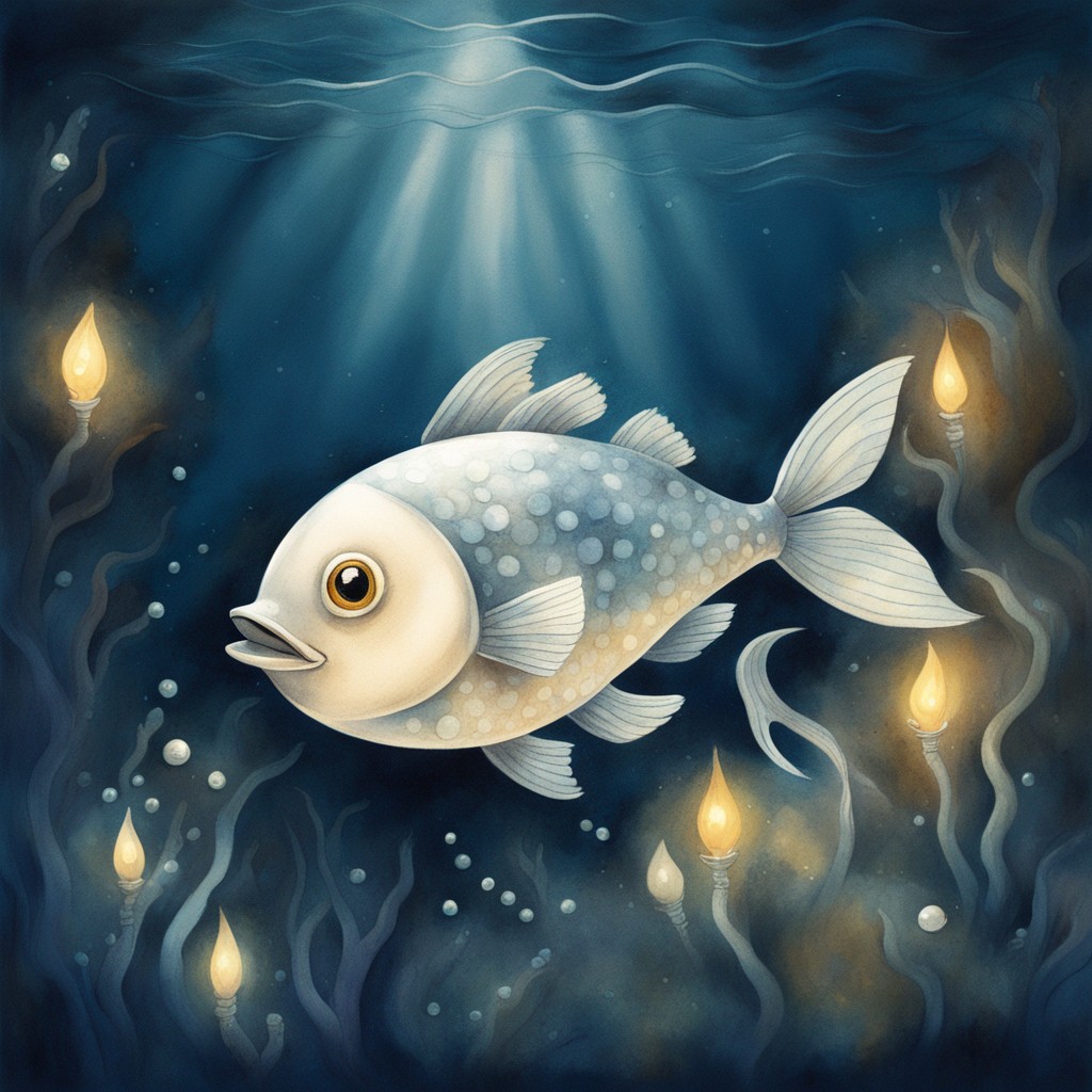 Finley finding the glowing Great Pearl in the depths of the Deep Trench