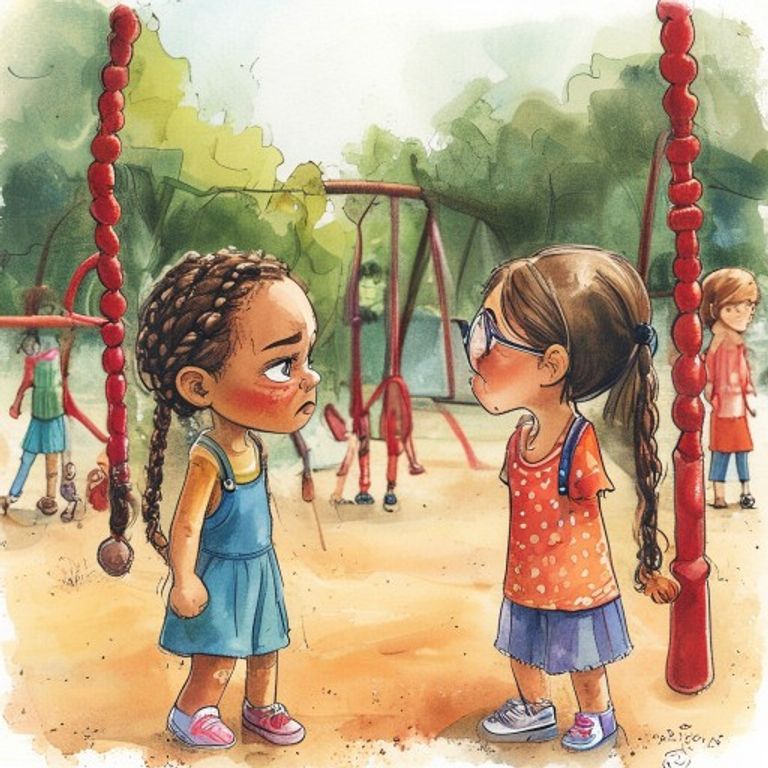 Two friends arguing by the red swing at the playground