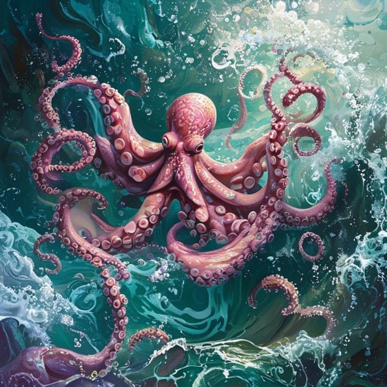 Pink gold octopus desperately reaching for glowing white pearl being swept away by churning storm waves in tide pool, turquoise water, dramatic underwater scene, rainbows on rocks, children book illustration pastel
