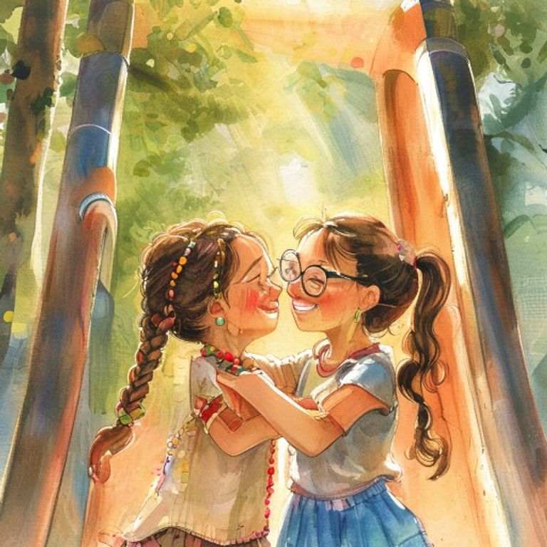 Two friends hugging at the bottom of the slide, making up after a fight