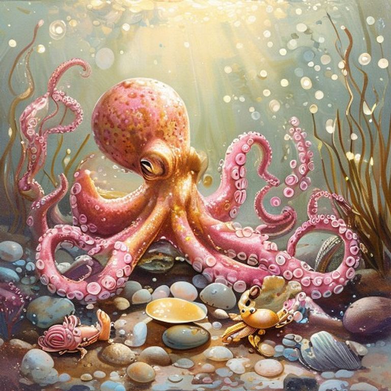 Pink gold octopus gently returning shiny pebbles and shells to tide pool creatures, small crabs and snails, warm underwater light, coral reef setting, peaceful and hopeful, children book illustration pastel