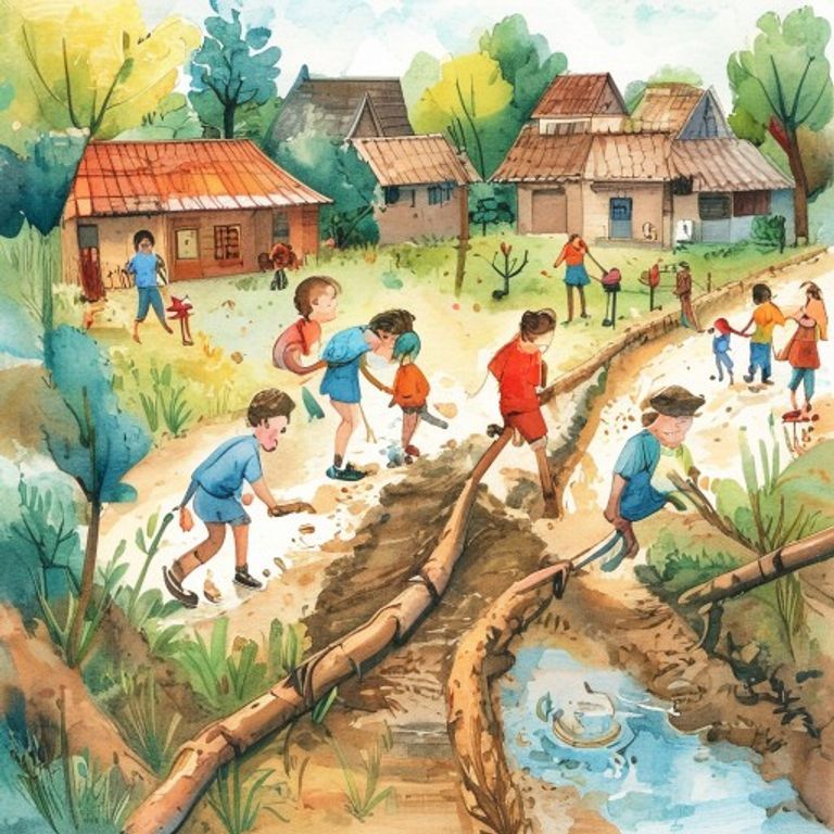 Children and villagers working together