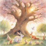 A magnificent ancient oak tree with a wise, friendly face in a sunny orchard