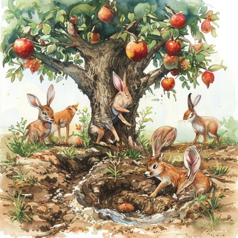 Animals working together to help the ancient apple tree during a drought
