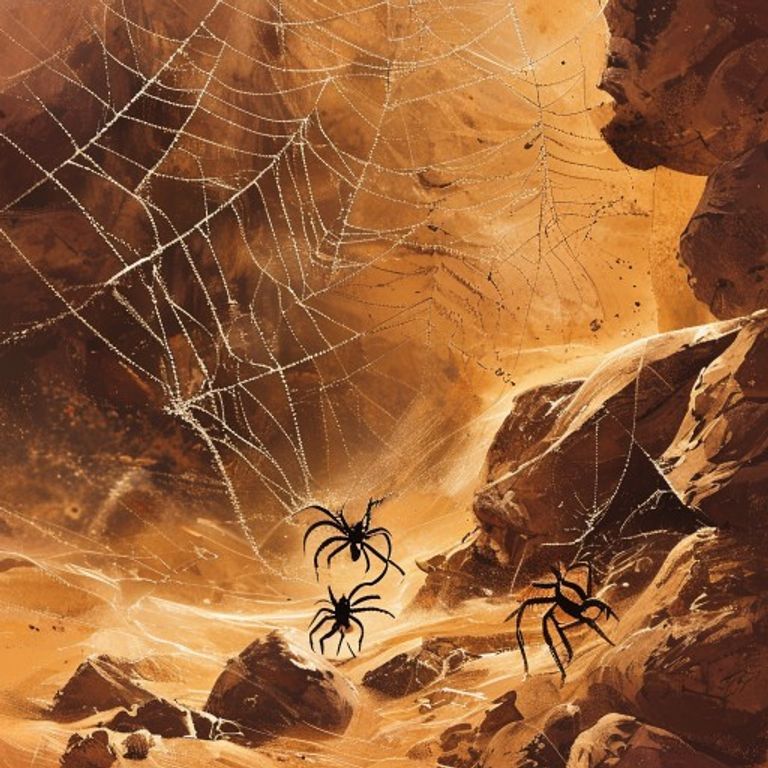 Desert sandstorm tearing apart beautiful silver spider webs on rocks, amber spider curled in burrow, dramatic swirling sand, warm orange and brown tones, children book illustration pastel