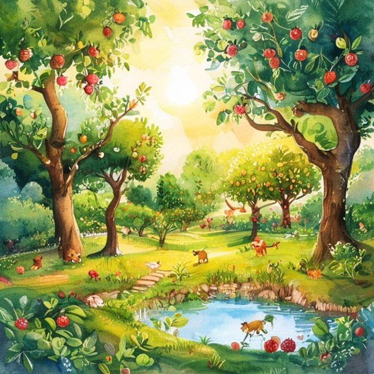 A lush, vibrant orchard with a young sapling growing in golden light