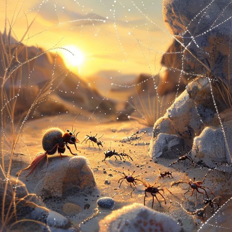 Tiny amber spider watching at dawn as ants beetles lizards drink dew from silver webs, desert rocks glowing with sunrise, magical and hopeful, children book illustration pastel