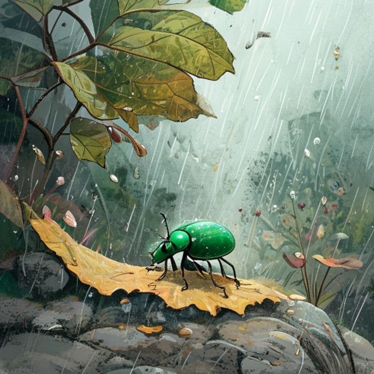 Tiny emerald beetle shivering under a dry leaf on cold stone in a flower garden during rainstorm