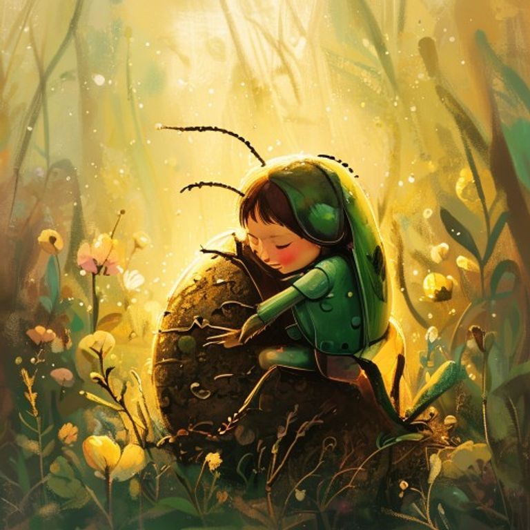 Emerald beetle embracing mother beetle in warm compost heap with golden light filtering through