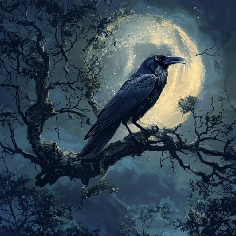 Young raven perched on high branch of ancient oak tree at night, moon behind him, looking proud and dramatic
