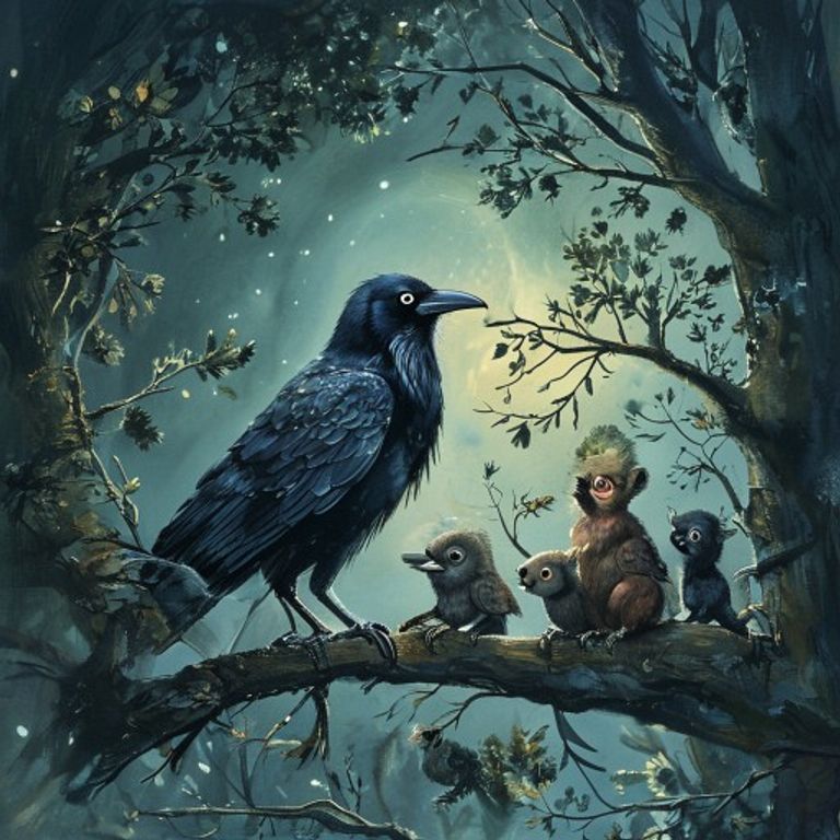 Young raven standing humbly on low branch before gathered forest animals, telling the truth about his mistake