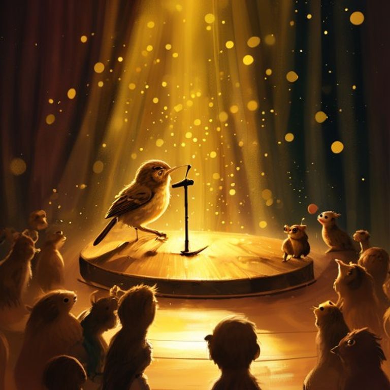 A tiny wren singing on stage while animals watch in awe at a forest talent show