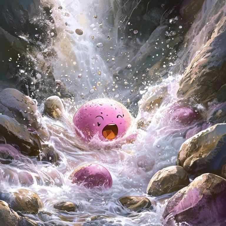 Small pink and gold pebble tumbling through roaring river rapids, terrified, surrounded by water spray and other gray pebbles, dramatic and scary but not too dark, children book illustration pastel