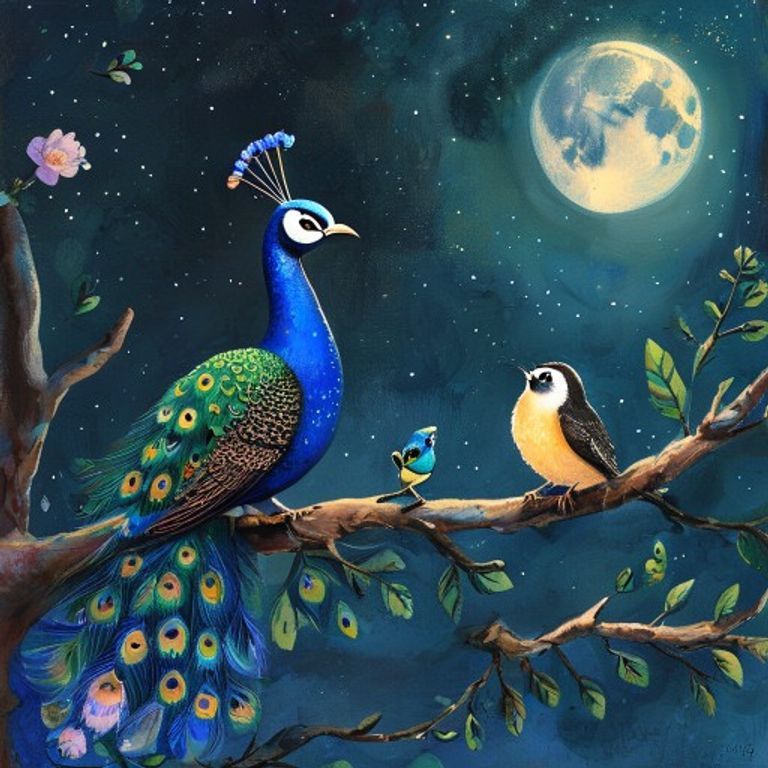 A peacock and wren sitting together on a branch under moonlight, sharing a peaceful friendship moment