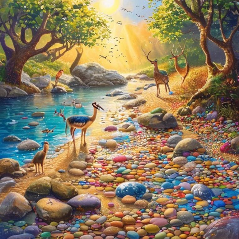 Beautiful sunlit river delta beach with millions of colorful pebbles arranged in patterns, children building castle, heron standing on stones, deer walking path, magical golden light, children book illustration pastel