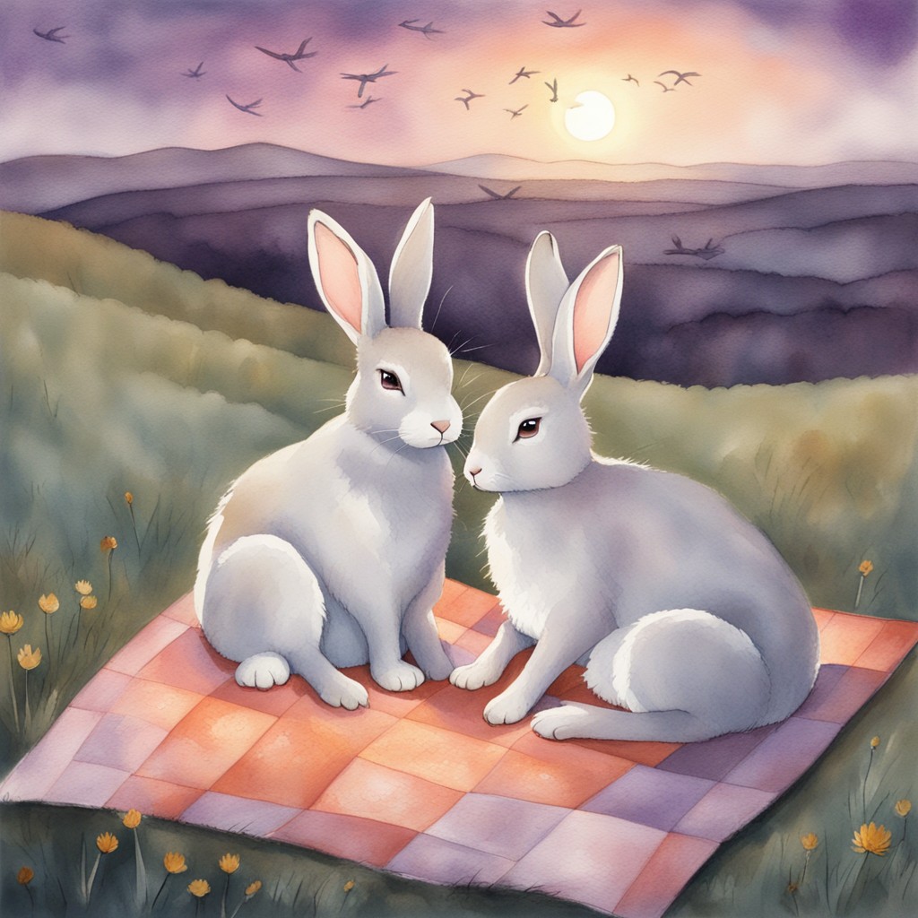 Mother and child rabbit lying on a quilt watching starlings dance at sunset