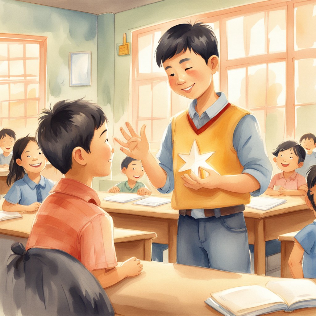 Milo returning the star badge to his teacher