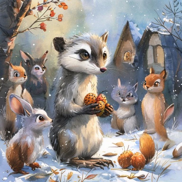 A silver weasel looking guilty holding four acorns while other animals watch with disappointment