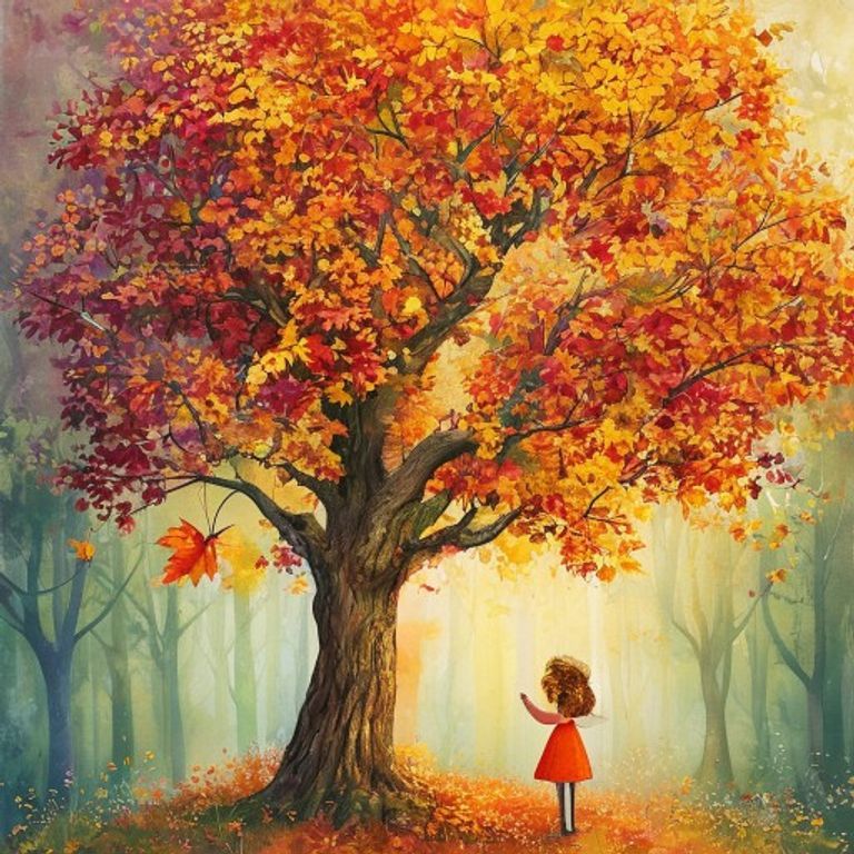 Beautiful maple tree with brilliant autumn colors crimson gold orange, single green leaf clinging stubbornly to highest branch, magical forest light, children book illustration pastel