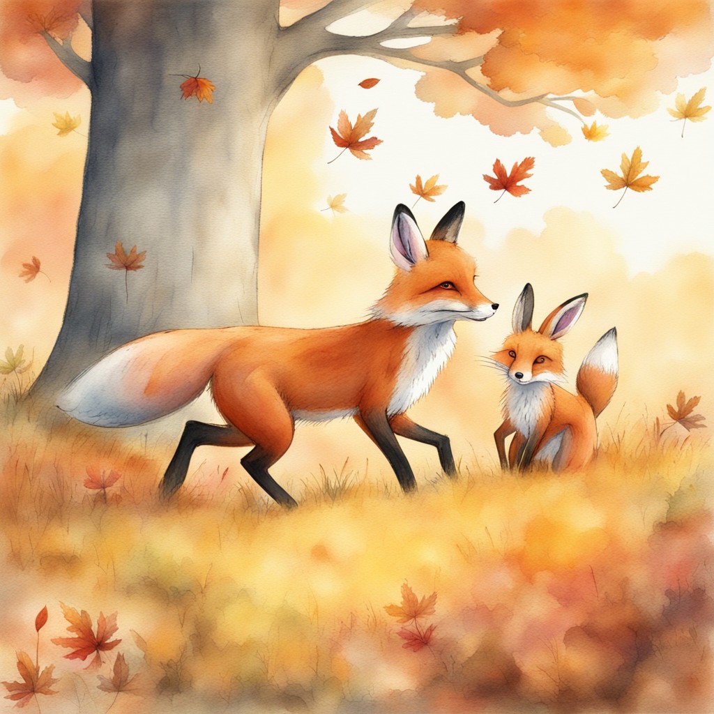 Rusty the fox and Dash the hare racing through the meadow