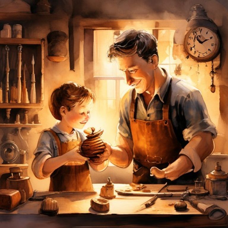 Elias receiving his father's wooden acorn