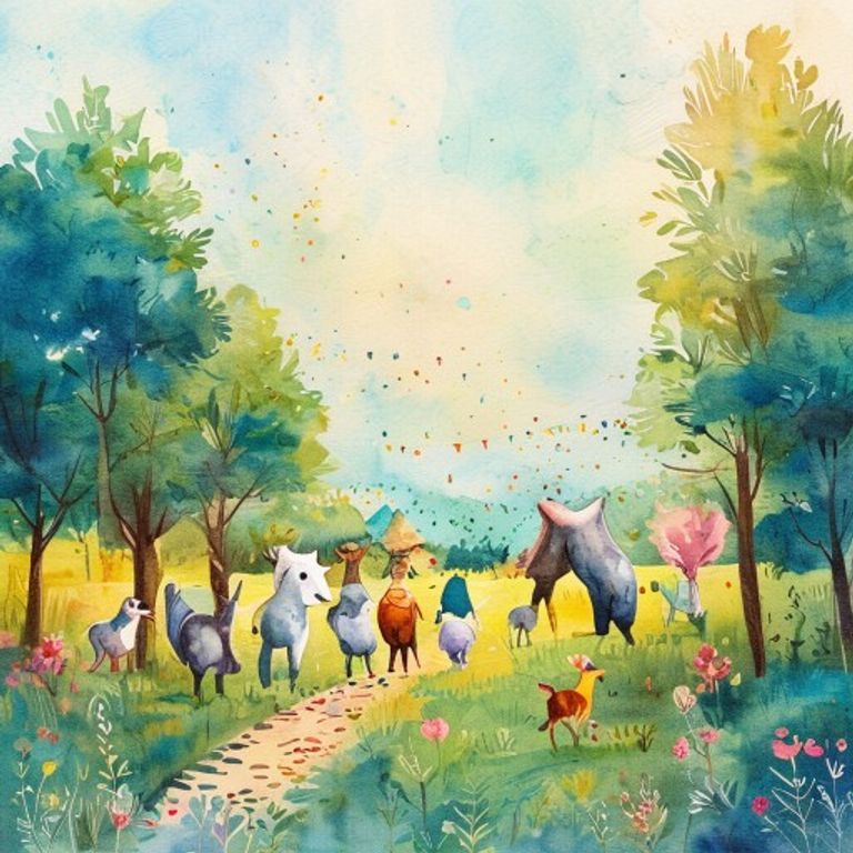 Four animal friends walking together toward a harvest festival with bonfires and lanterns