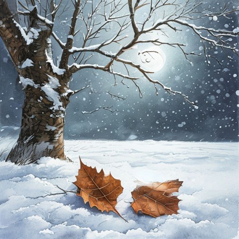 Single brown cracked leaf lying on fresh white snow beneath ice-covered maple tree branches, moonlight, peaceful and sad but hopeful, children book illustration pastel