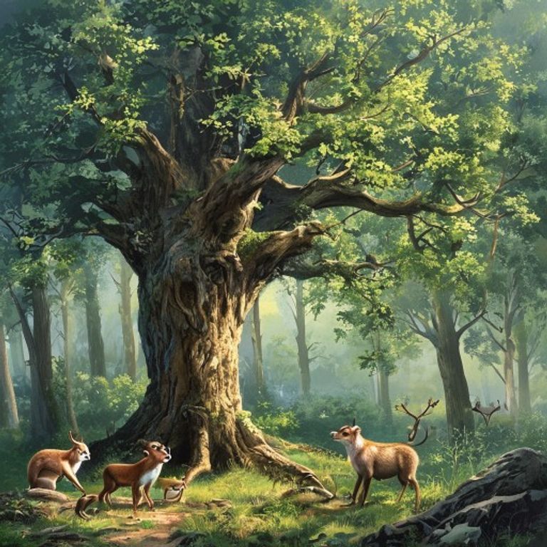 Animals gathered at the Old Oak listening to the wise owl Solstice