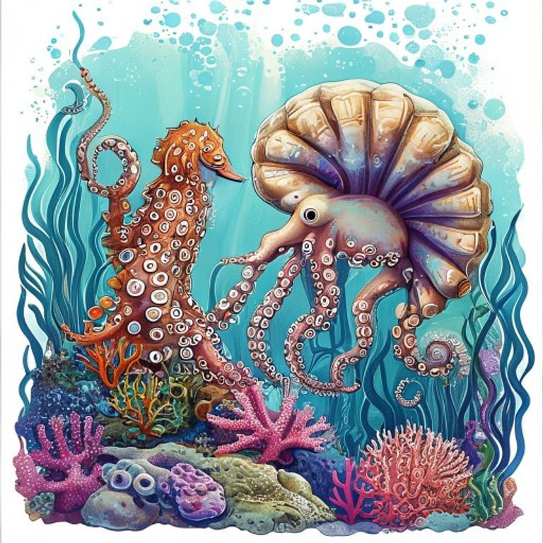 Wise ancient octopus examining the empty Great Shell with a seahorse and cuttlefish in a colorful coral reef