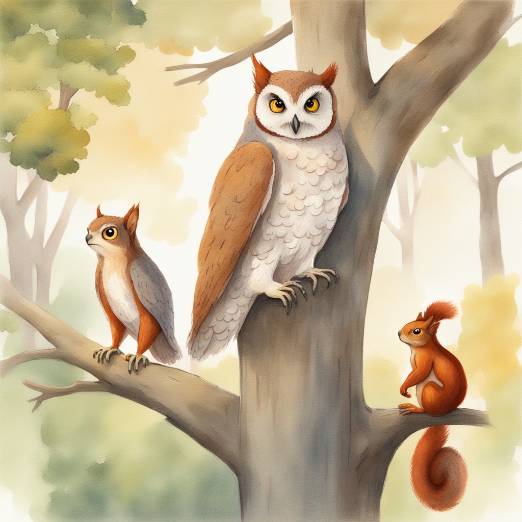 The wise owl listening to two squirrels