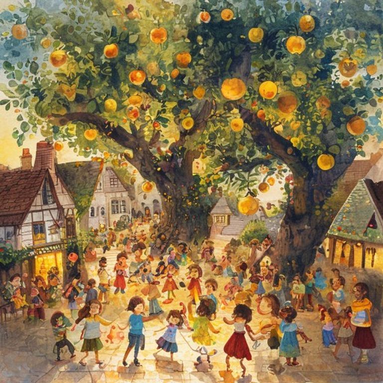 Village celebrating under the Justice Tree