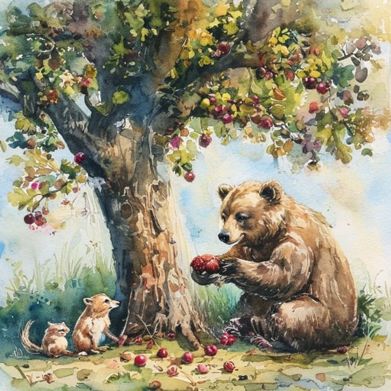 The bear Ash sharing berries with the valley animals under the Old Oak