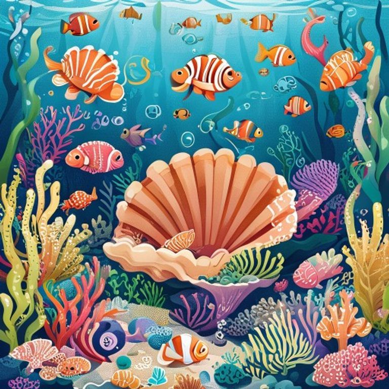 Underwater reef community gathered around two giant clam shells - the Great Shell and the new Care Shell - with diverse sea creatures celebrating together