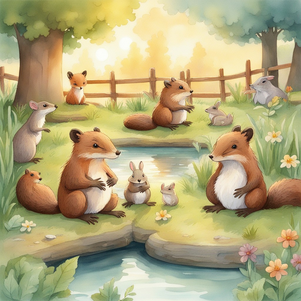 Diverse forest animals gathered peacefully around stream with friendship water gates