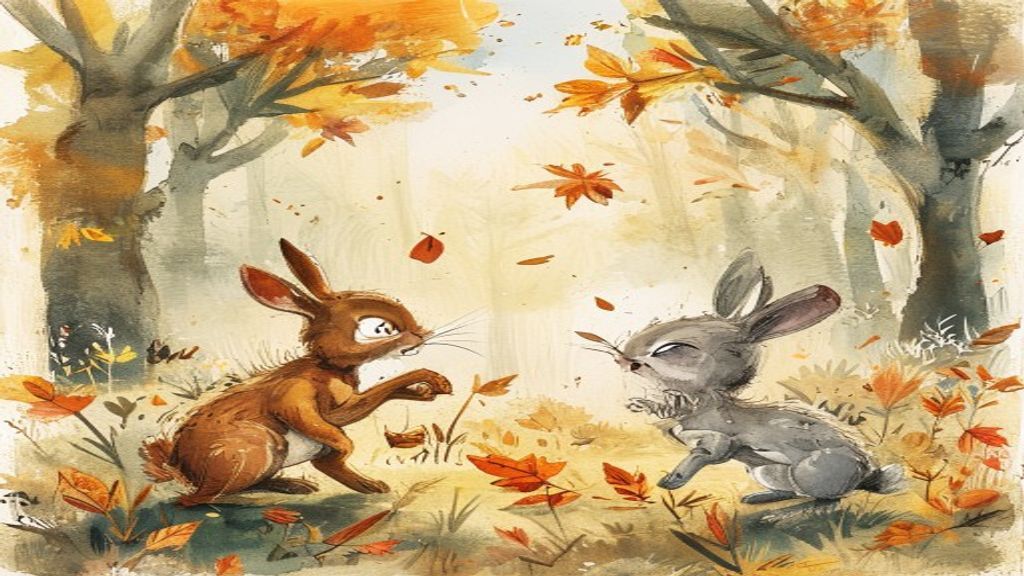 Two young rabbits arguing in the meadow