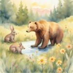 Friendly bear helping rabbit family in wildflower meadow