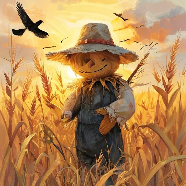 Straw scarecrow gently cradling a small black crow with a bandaged wing in a golden cornfield at sunset