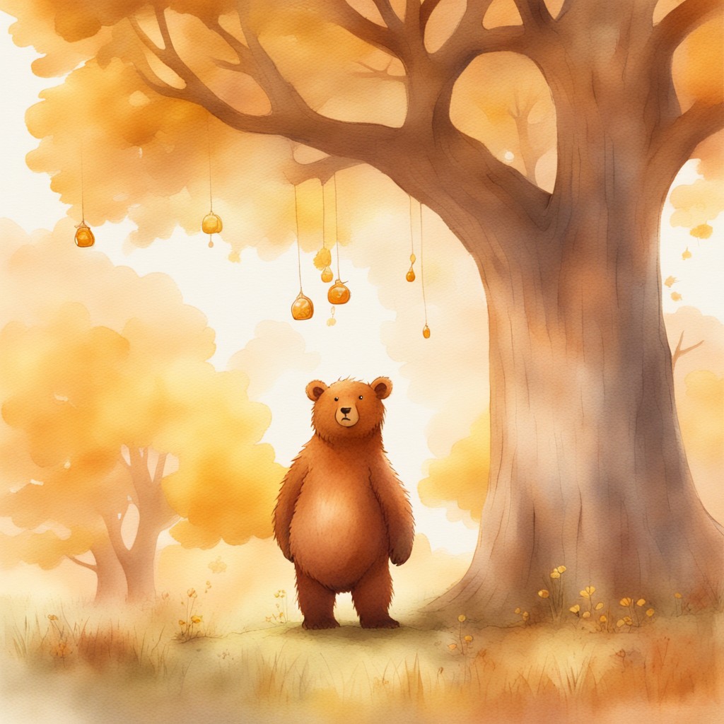 Bramble the bear outside his cozy burrow with jars of golden honey
