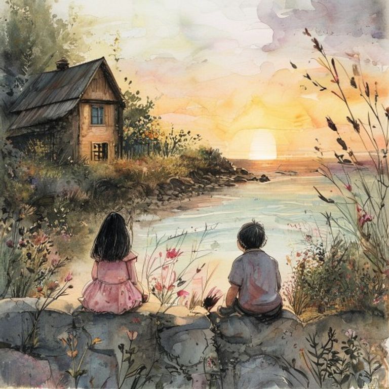 Sora and Old Man Tiber watching the sunset