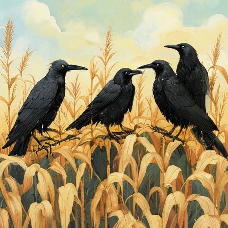 Dozens of black crows perched on a smiling scarecrow in a cornfield, forming a living cloak of feathers