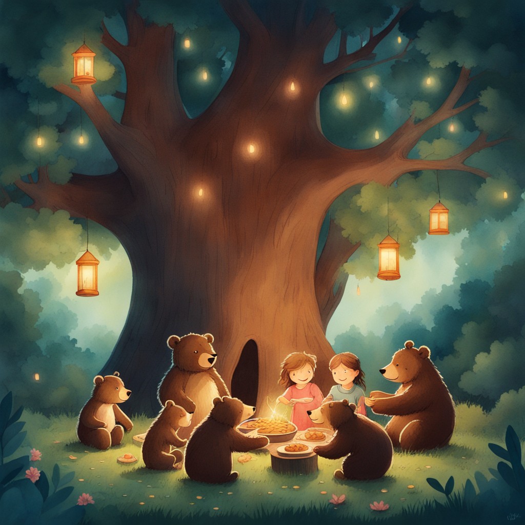 Woodland friends gathered for a nighttime feast under an ancient oak tree