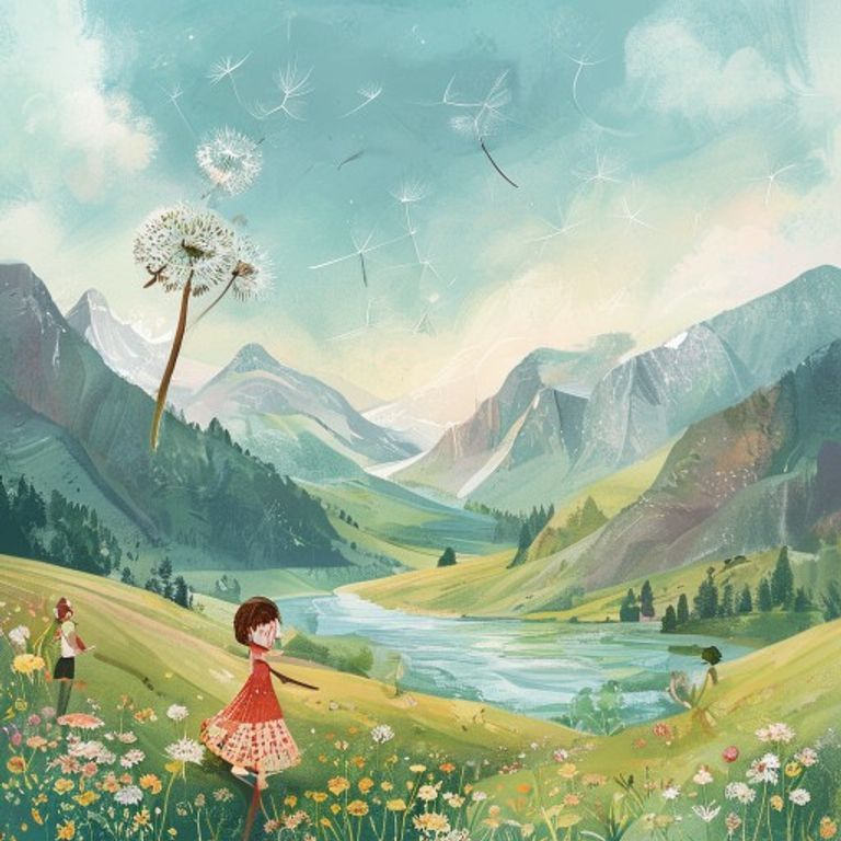 Dandelion seed being gently carried by old wind over beautiful landscapes, mountains and rivers below