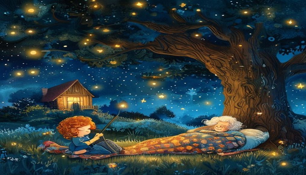 Elara knitting by starlight under the Ancient Oak while Grandma Mae sleeps peacefully